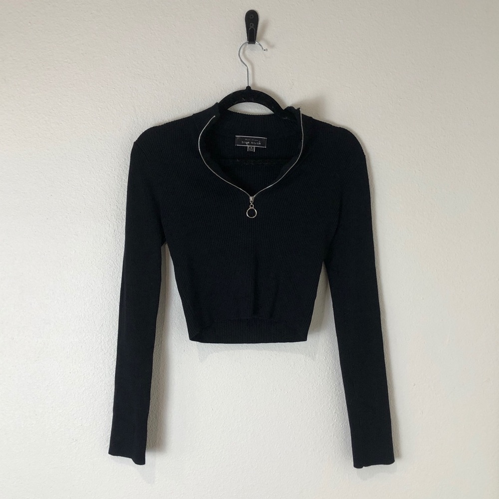 Lulu's Black Cropped Zip Mock Neck Sweater